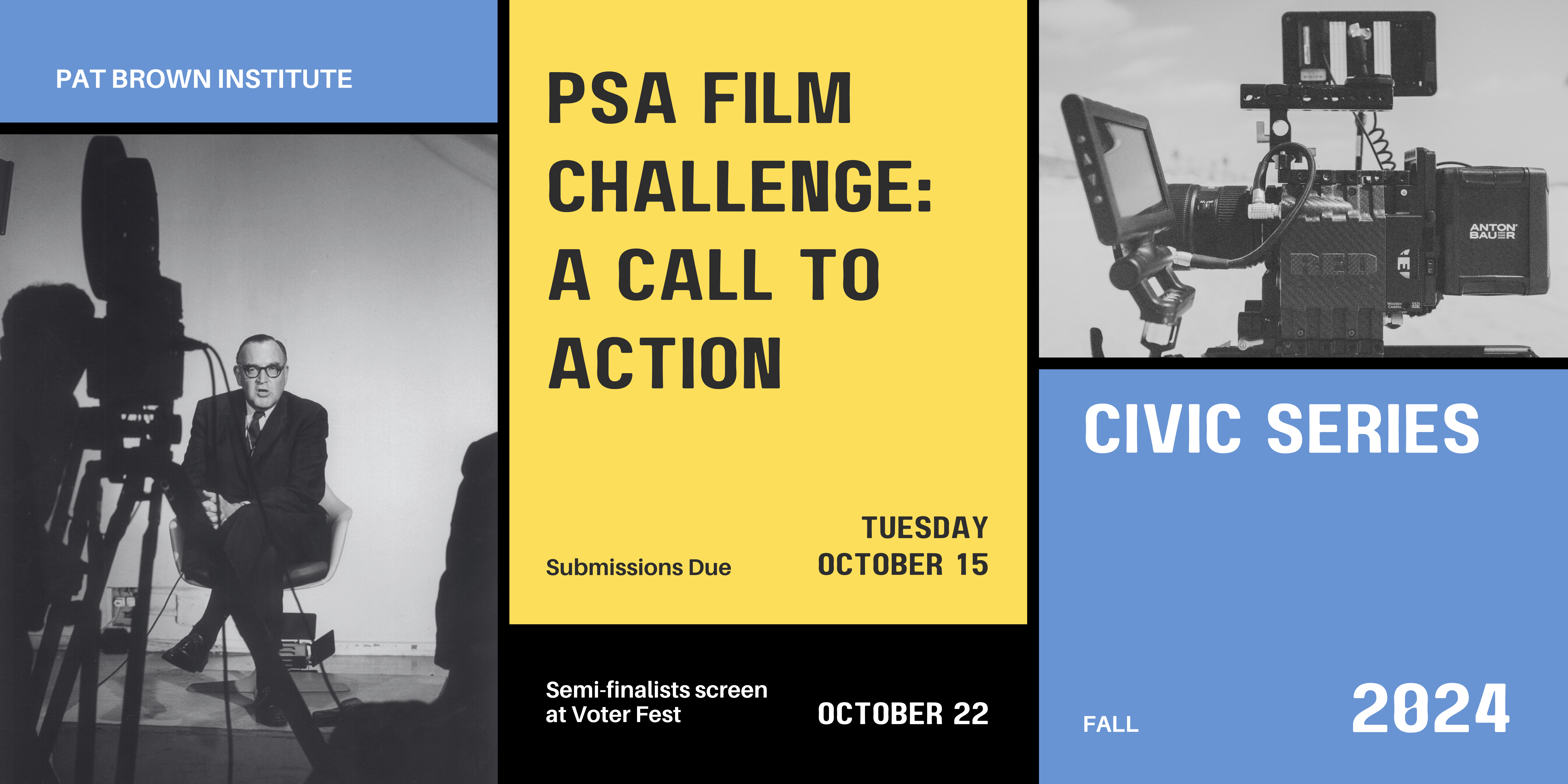 PSA Challenge (3) Image of Governor Pat Brown and camera equipment. Competition details: submissions due October 15, Winners announced November 1.