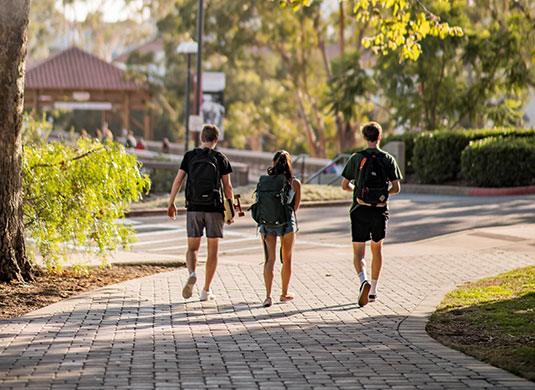 SBCC Students walking through campus trees.