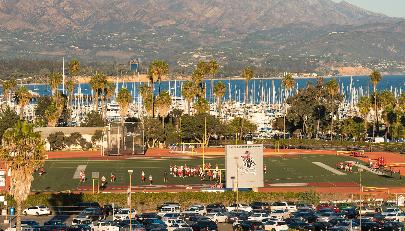 SBCC's football field and Santa Barbara harbor.