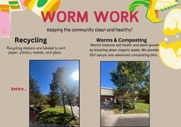 Poster proposing recycling initiatives and composting with worms to improve soil health and sustainability on campus