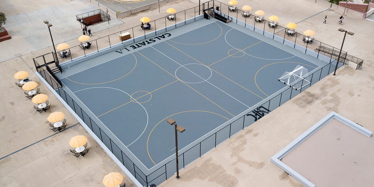 An aerial view of a futsal (soccer) court.
