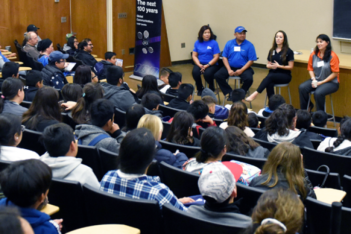 Boeing reps speak in auditorium