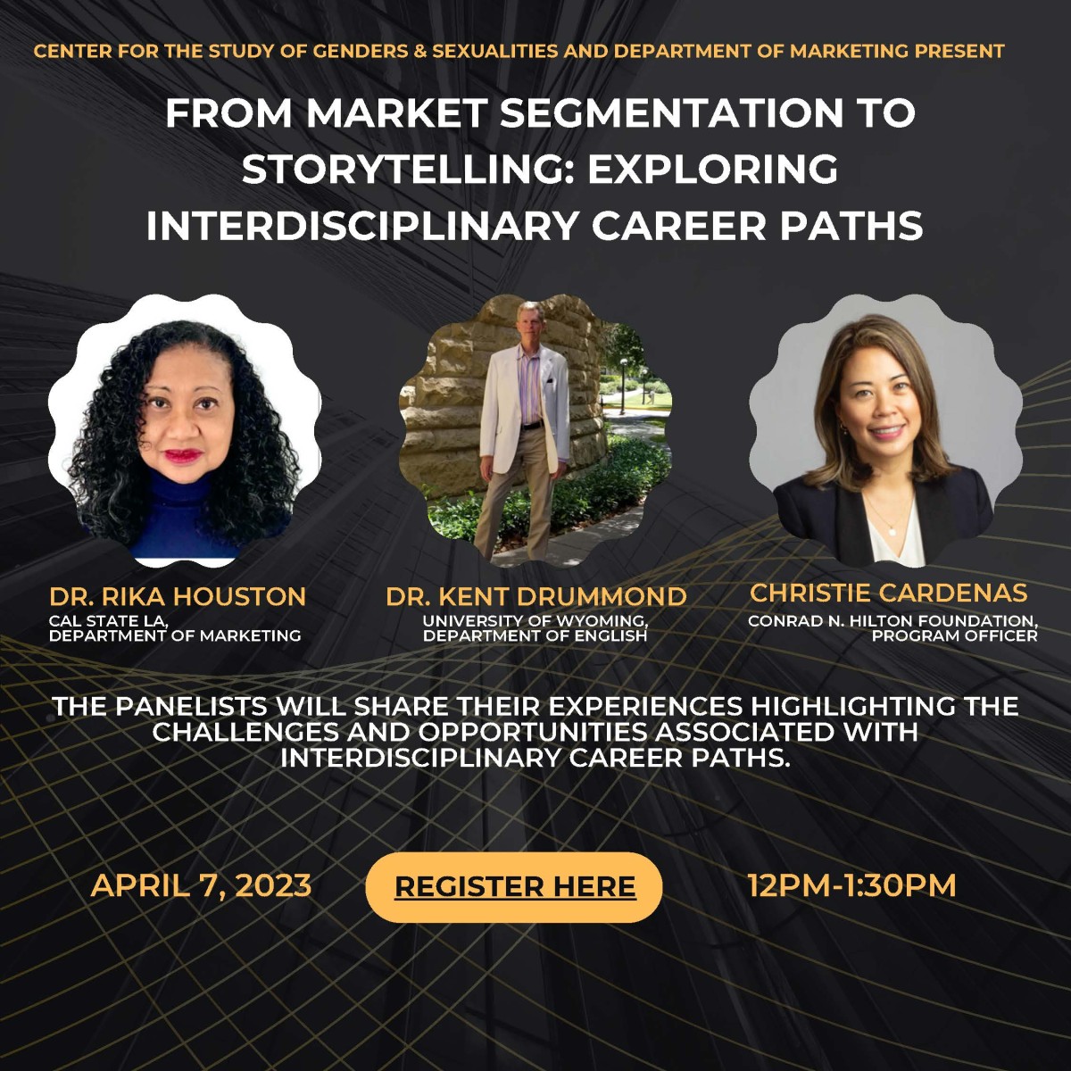 Promo flyer with images of speakers and black background